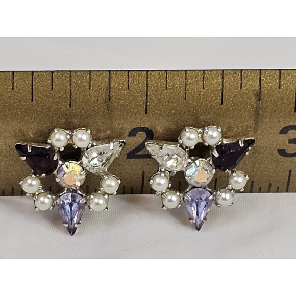 VINTAGE ESTATE JEWELRY SIGNED B DAVID FAUX PEARL RHINESTONE CLIP EARRINGS - Picture 5 of 7